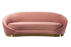 a pink couch with gold legs and a curved back, sitting on a white background