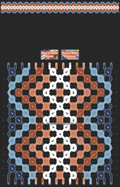 a cross stitch pattern with different colors and designs on it, in the middle of a black background