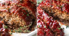 the meatloaf is covered in sauce and garnished with fresh herbs