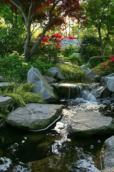 a small stream running through a lush green forest filled with trees and flowers, surrounded by large rocks