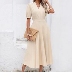 Brand New And Never Worn Chic Non-stretch Beige Midi Dress, Chic Solid Beige Dresses, Chic Beige Solid Color Midi Dress, Chic Non-stretch Maxi Dress For Workwear, Summer Beige Pleated Midi Dress, Beige Non-stretch Midi Dress, Cream Pleated A-line Midi Dress, Cream A-line Pleated Midi Dress, Fall Beige Pleated Midi Dress