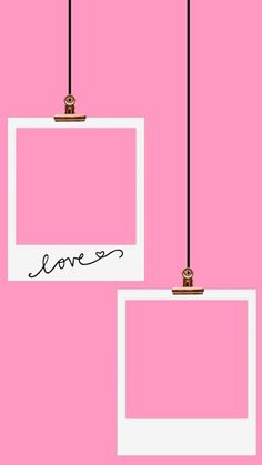 two white frames hanging from a pink wall with the word love written on one side