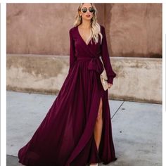 Vici Plum/Maroon Maxi Dress New Without Tag, Maroon Nwt Dress, Sheer Long Sleeves And Plunging Neckline With Tie Belt. 010 Moab Outfit, Maroon Maxi Dress, Flowy Dress Short, Vici Dress, Tie Waist Maxi Dress, Fall Bridesmaid Dresses, Emerald Dresses, Wine Dress, Funky Dresses