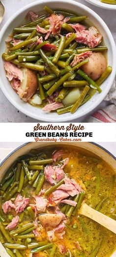 two pictures showing different types of green beans and meat in a pot with a wooden spoon