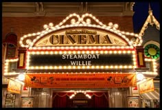 a theater sign lit up at night with lights on it's front and sides