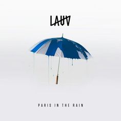 a blue and white umbrella with the word lavy on it's bottom half