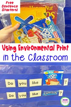 a classroom bag with the words using environmental print in the classroom, and an image of a