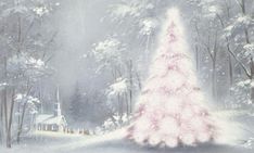 a painting of a pink christmas tree in the middle of a snow covered forest with houses and trees