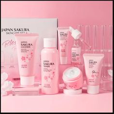 Japanese Sakura Skin Care Box Set Moisturizing, Improves Elasticity, Evens Skin Tone Smooths Texture, Tightens Pores, Anti-Aging, Wrinkle Reducing! Includes: Cleanser, Toner, Serum, Eye Cream, Spf 50 Sunscreen, Essence Cream Tags Beauty Skincare Glass Skin Japan Flawless Porcelain Skin Giftbox Gift Box Skincare Routine Age Defying Elasticity Youthful Photoshop Filter Spf Nourish Nourishment Nourishing Hydrate Hydration Hydrating Face Facial Revive Reviving Revival Renew Renewing Prevention Preve Japan Sakura, Eye Cream For Dark Circles, Cream Serum, Skincare Gift Set, Skin Care Kit, Face Hydration, Skin Care Gifts, Facial Cream, Facial Toner