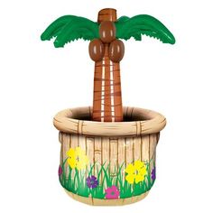 a wooden planter with a palm tree in it