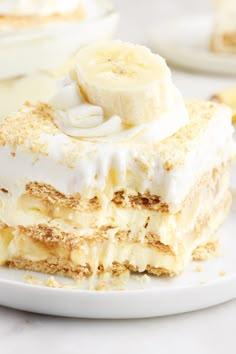 a piece of cake with bananas on top