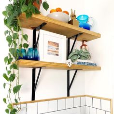 some shelves with plants and pictures on them