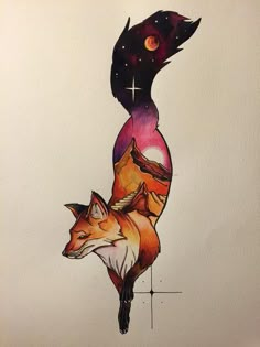 a drawing of two foxes on top of each other with stars in the sky above them