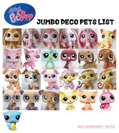 the littlest pet shop jumbo deco pets list is shown in many different colors and sizes