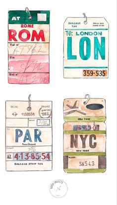 four luggage tags with the names of different cities