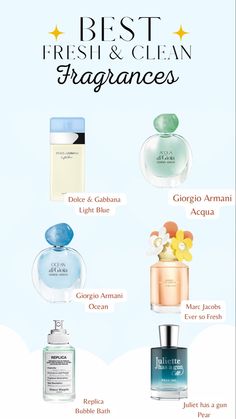 These fresh and clean perfumes are perfect for spring, summer, or daytime. If you are a fresh and clean scent girl, then here’s my top 6 fresh and clean fragrances Fresh Clean Perfume, Different Perfume Scents, Fresh And Clean Scent, Light Scented Perfumes, Perfume Clean Scent, Fresh Fragrances For Women, You Smell Clean, Clean Smelling Perfume For Women, Clean Look Style