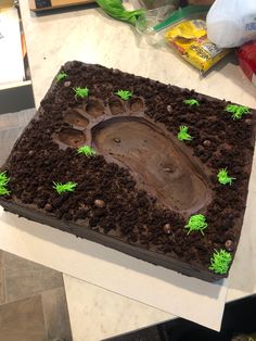 there is a cake that looks like a bear's foot in the dirt with green leaves on it