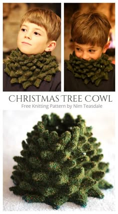 two pictures of a young boy wearing a christmas tree cowl