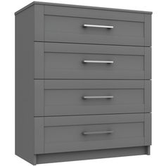 a gray dresser with five drawers and two handles on each drawer, in front of a white background