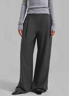 Color: Grey Melange Lightweight wool blend fabric Relaxed fit Straight leg High rise Slant hip pockets Belt loops Zip fly Hook and bar closure Unlined 48% Wool 30% Recycled Polyester 16.5% Polyester 5.5% Lycra Dry Clean Only By The Garment. Imported Gray Wide Leg Pants For Formal Fall Occasions, Gray Full-length Bottoms With Welt Pockets, Gray Wool Pants With Welt Pockets, Gray Full-length Bottoms For Office, Gray Full-length Office Bottoms, Gray Full Length Office Bottoms, Wool Wide-leg Pants For Business Casual, Classic Gray Wide Leg Pants For Work, Elegant Gray Wool Bottoms