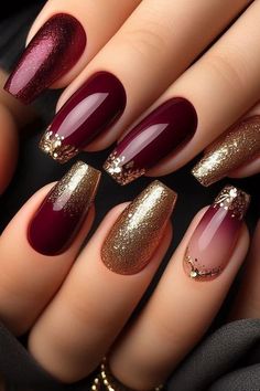 Bold Nail Art Designs, Red Gold Manicure, Gold Polish Nails, Red Dramatic Acrylic Nails, Red Gold Glitter Nails, Red Gel Polish Nail Designs, Red Nails With Gold Tips, Red Gold Nail Art, Red And Gold Chrome Nails