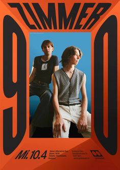 an orange poster with two young men sitting next to each other and the words summer 90 on it