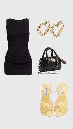 a black dress, yellow sandals and a handbag