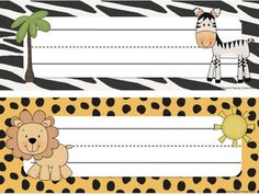 two zebras and a giraffe are shown with blank paper for name tags