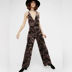 Item Description: - Open Cross Back - Deep V Neckline - Velvet - Wide Leg - Sleeveless - New With Tags. Retail $100 Offers Welcome! Rose Jumpsuit, Free People Overalls, Free People Jumpsuit, Free People Romper, Velvet Accents, Wrap Romper, Brown Line, Free People Clothing, Floral Denim