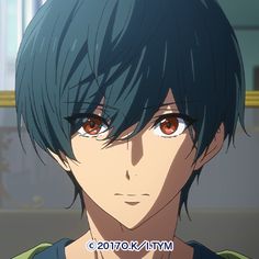 an anime character with black hair and brown eyes looking at the camera while wearing a green shirt