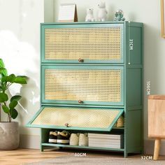 a green cabinet with baskets and shoes on it next to a potted plant in a room