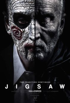 the movie poster for jigsaw with an older man in black and white makeup