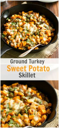 two pictures of ground turkey and sweet potato skillet