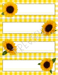 three sunflowers on yellow gingham checkered labels