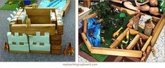 there are two pictures of children playing with wooden toys and building them in the yard