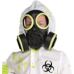 a person wearing a gas mask and protective clothing