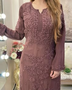 Chikankari Kurti Set, Long Kurti Patterns, Kurti Pattern, Embroidery Kurta, Anchor Threads, Chikankari Embroidery, Chikankari Kurti, Funny Phone