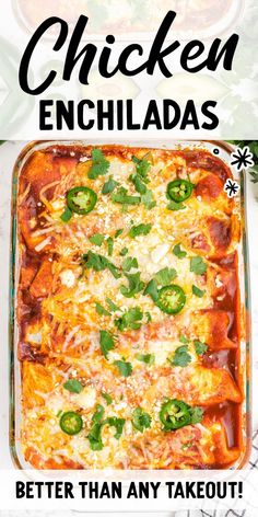 chicken enchiladas in a casserole dish with text overlay