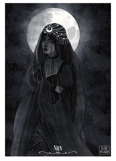 a black and white drawing of a woman with long hair in front of a full moon