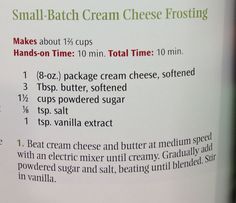 a close up of a menu with instructions on how to make cream cheese frosting