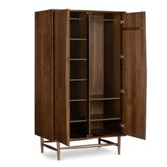 a wooden cabinet with two doors and shelves