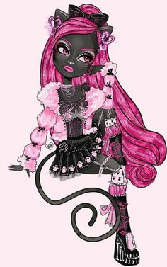 a drawing of a cat girl with pink hair and black clothes, holding a small kitten