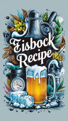 a beer poster with the words gisbock recipe written in white lettering on it