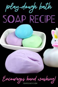 play dough bath soap recipe for kids with unicorns and rainbow colors in the background