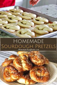 homemade sourdough pretzels on a plate with the words homemade sourdough pretzels