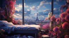 the eiffel tower is seen through an open window with pink flowers surrounding it