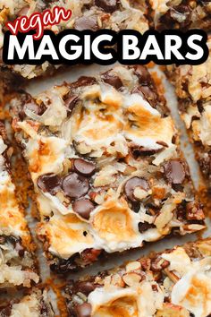 vegan magic bars with chocolate chips and marshmallows on top are shown