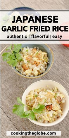 japanese garlic fried rice in a bowl with chopsticks and cilantro on the side