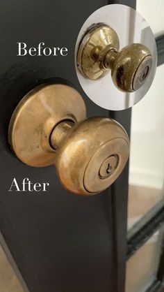 an open door with two knobs before and after being painted in metallic or gold