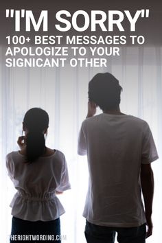 a man and woman standing next to each other in front of a window with the words i'm sorry on it